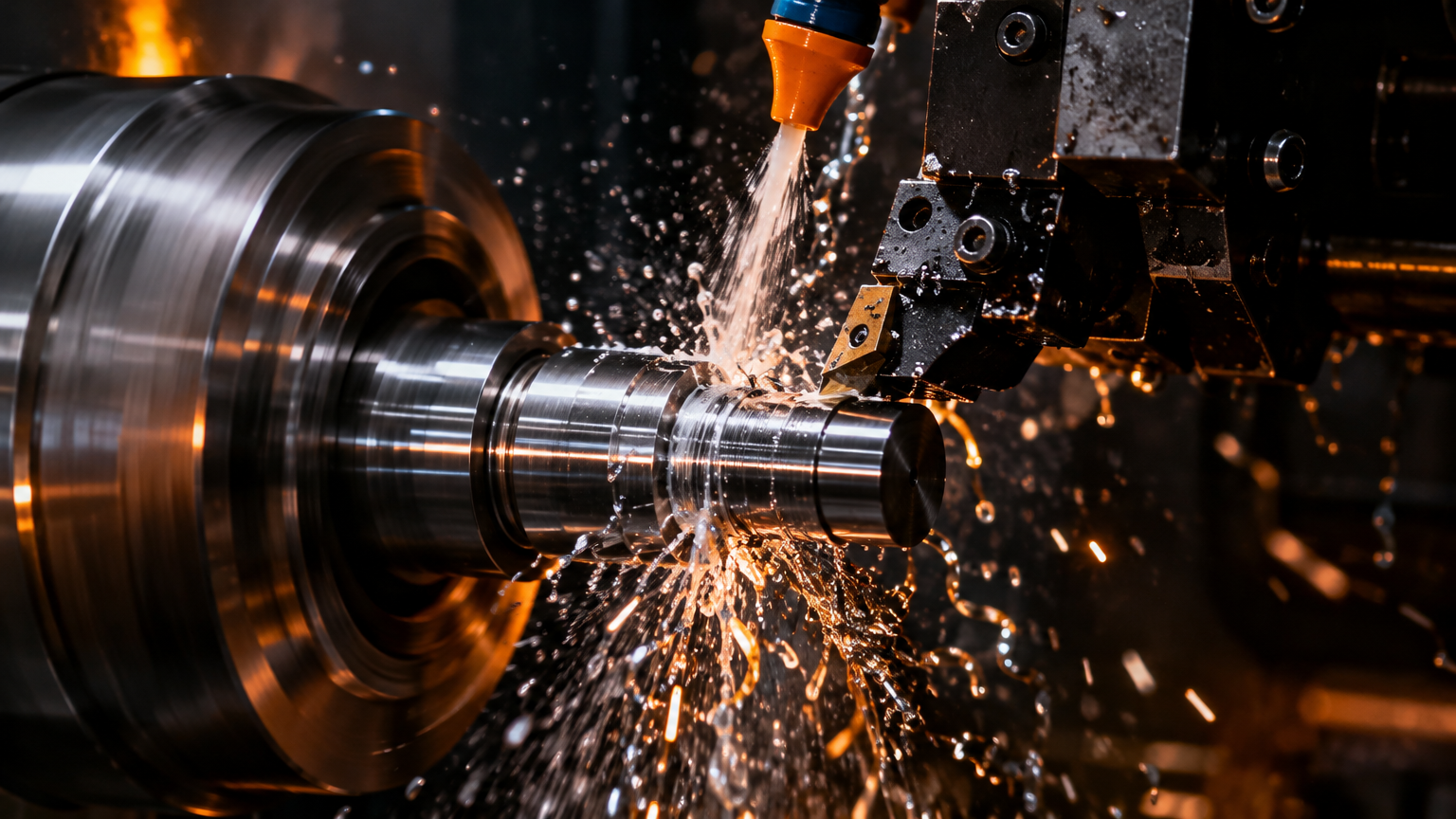 CNC lathe cutting with coolant spray