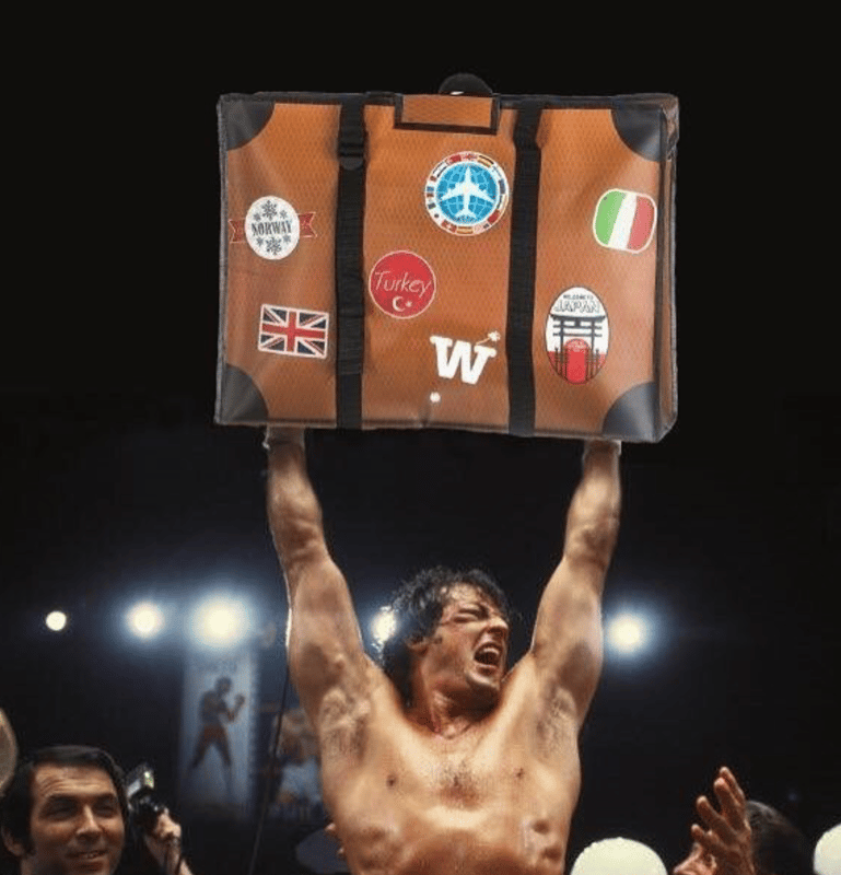 A boxer-style scene with an orange WISSHH Travel Bag raised overhead in victory