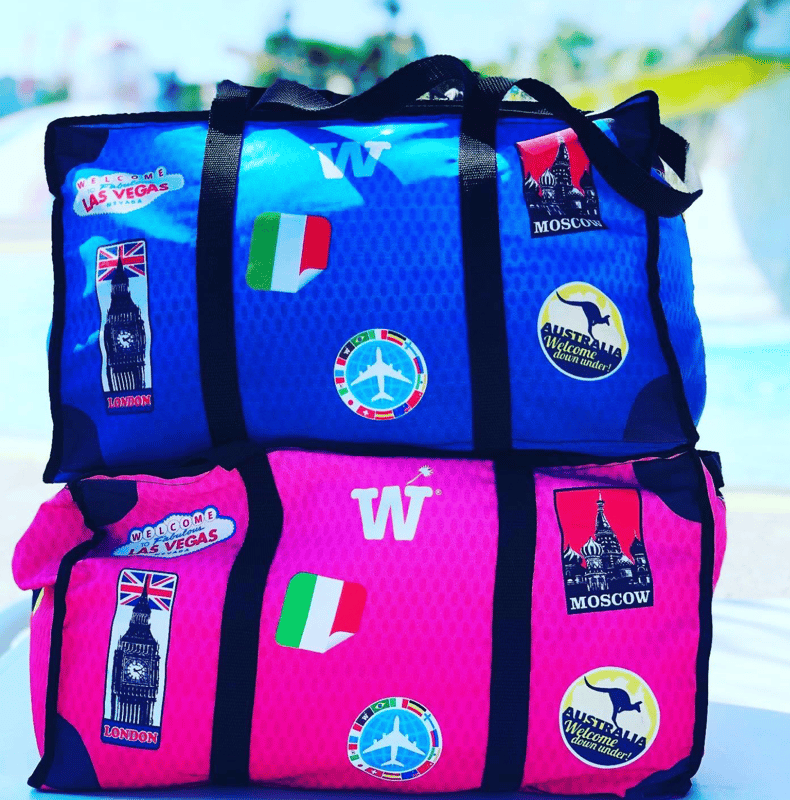 A blue and a pink WISSHH Travel Bag with travel stickers, stacked one on top of the other