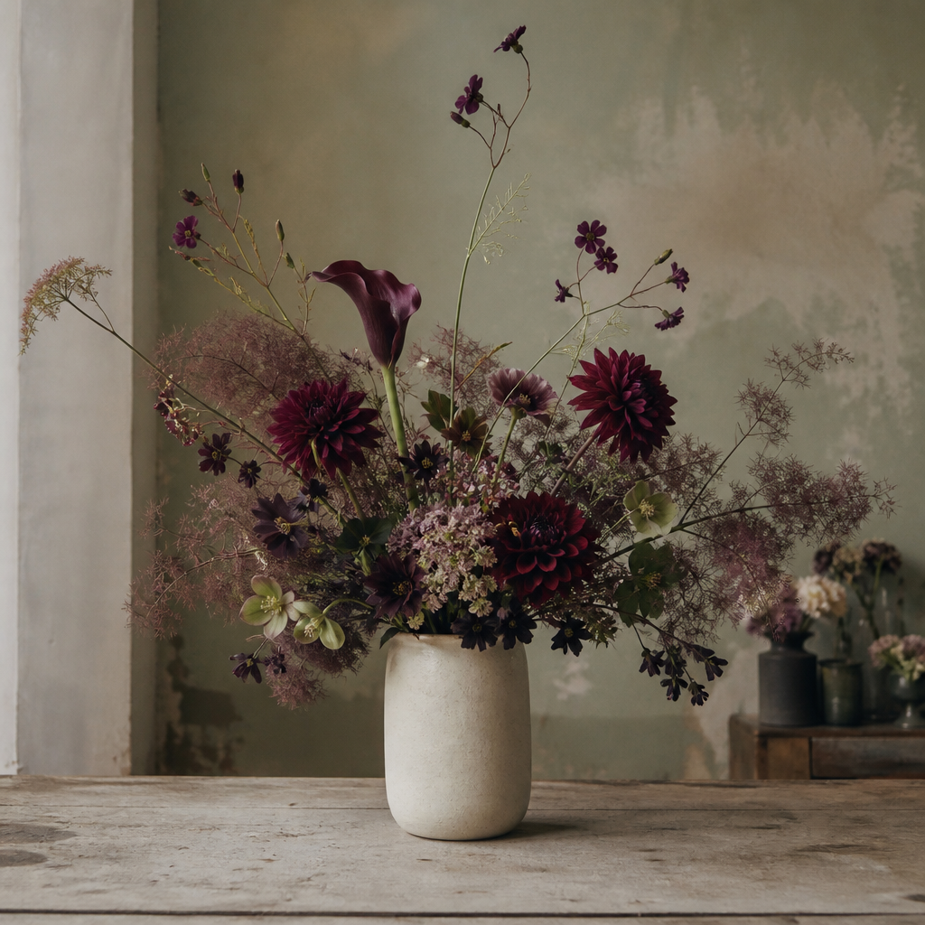 Large sculptural arrangement with dark flowers