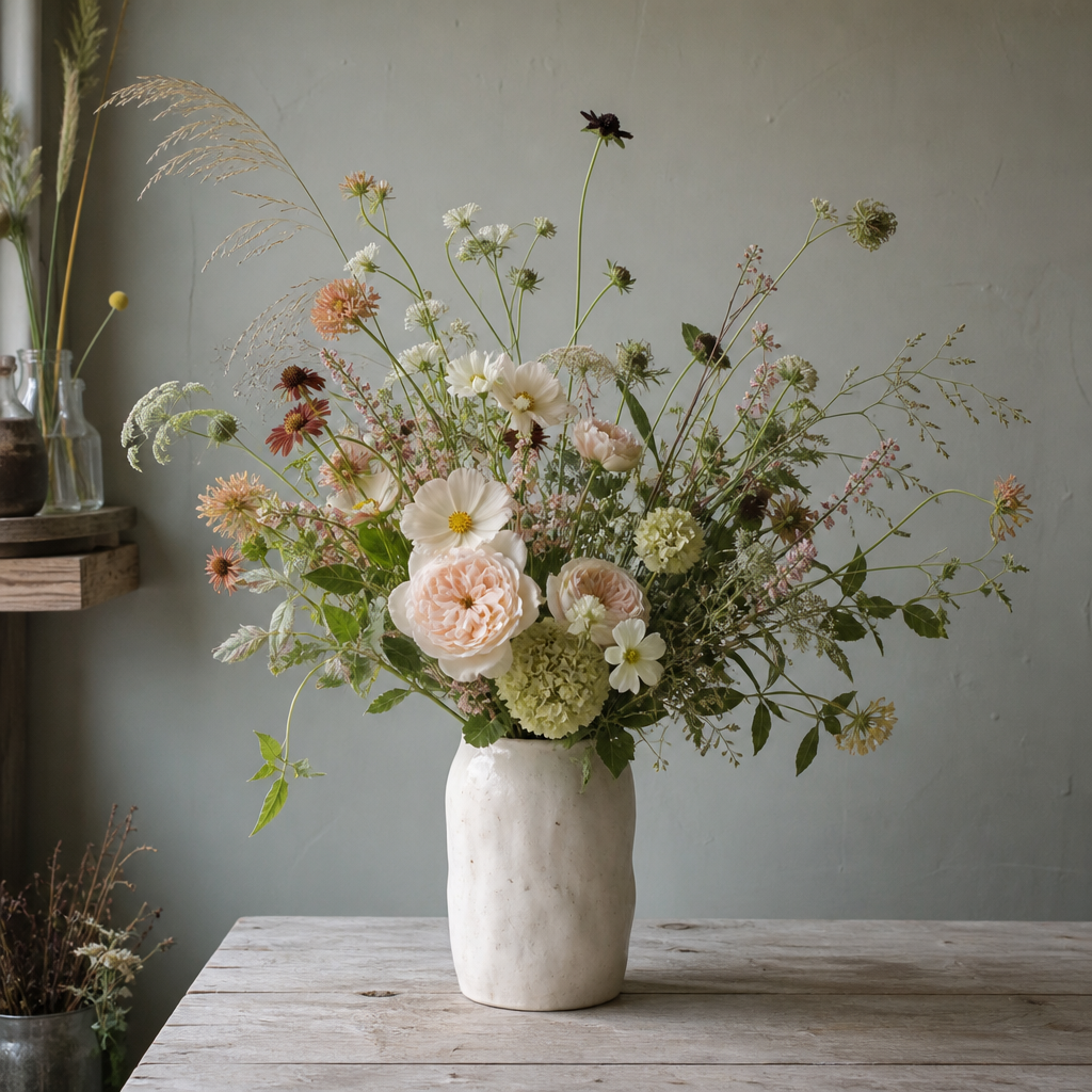Loose bouquet of white and pink seasonal flowers