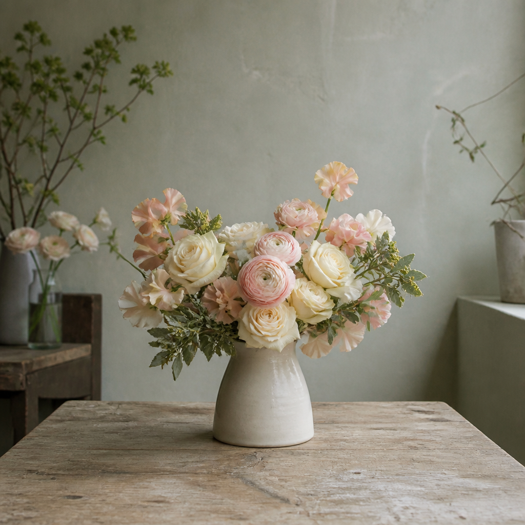 Cream roses and pale foliage in a ceramic vase