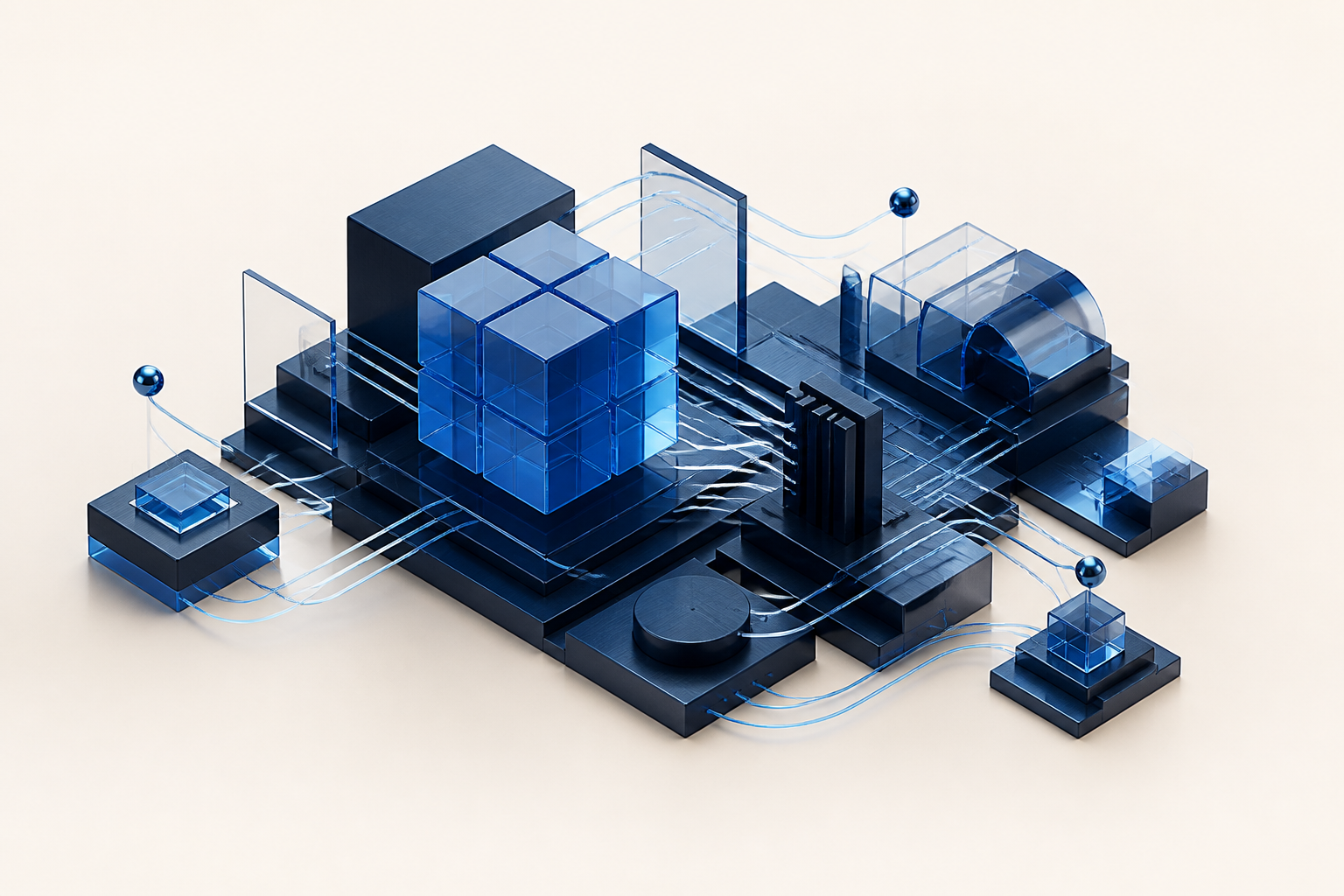 An abstract, interconnected blue system architecture