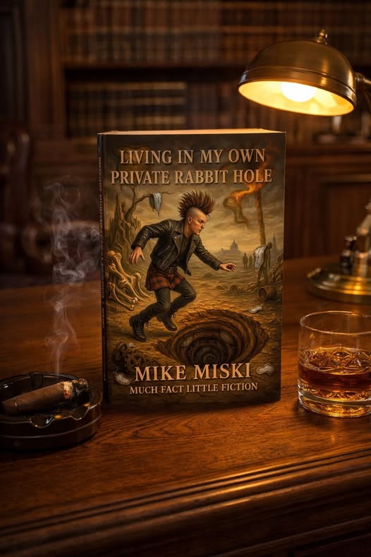 Living In My Own Private Rabbit Hole book with cigar and whiskey