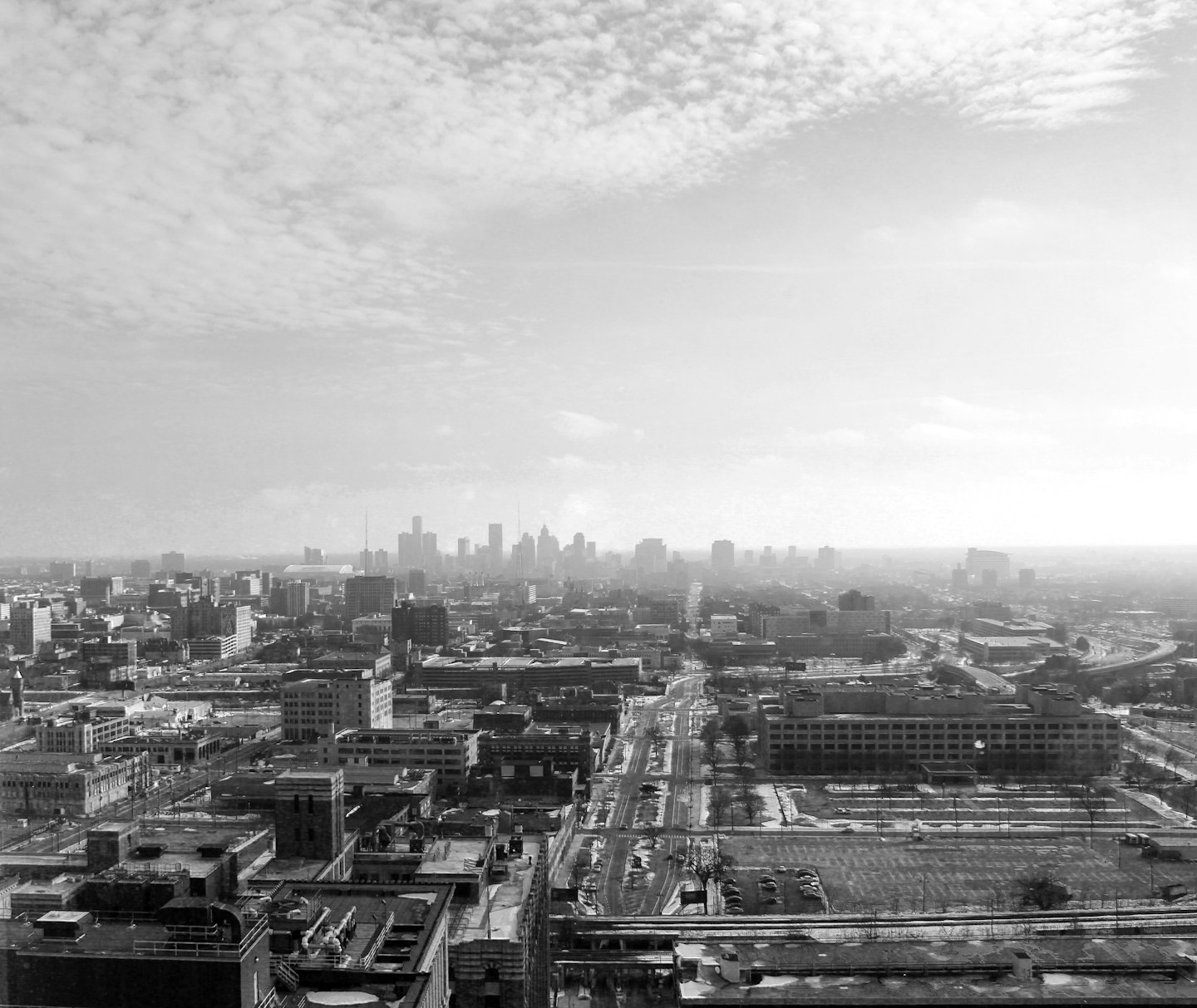 Black and white Detroit cityscape