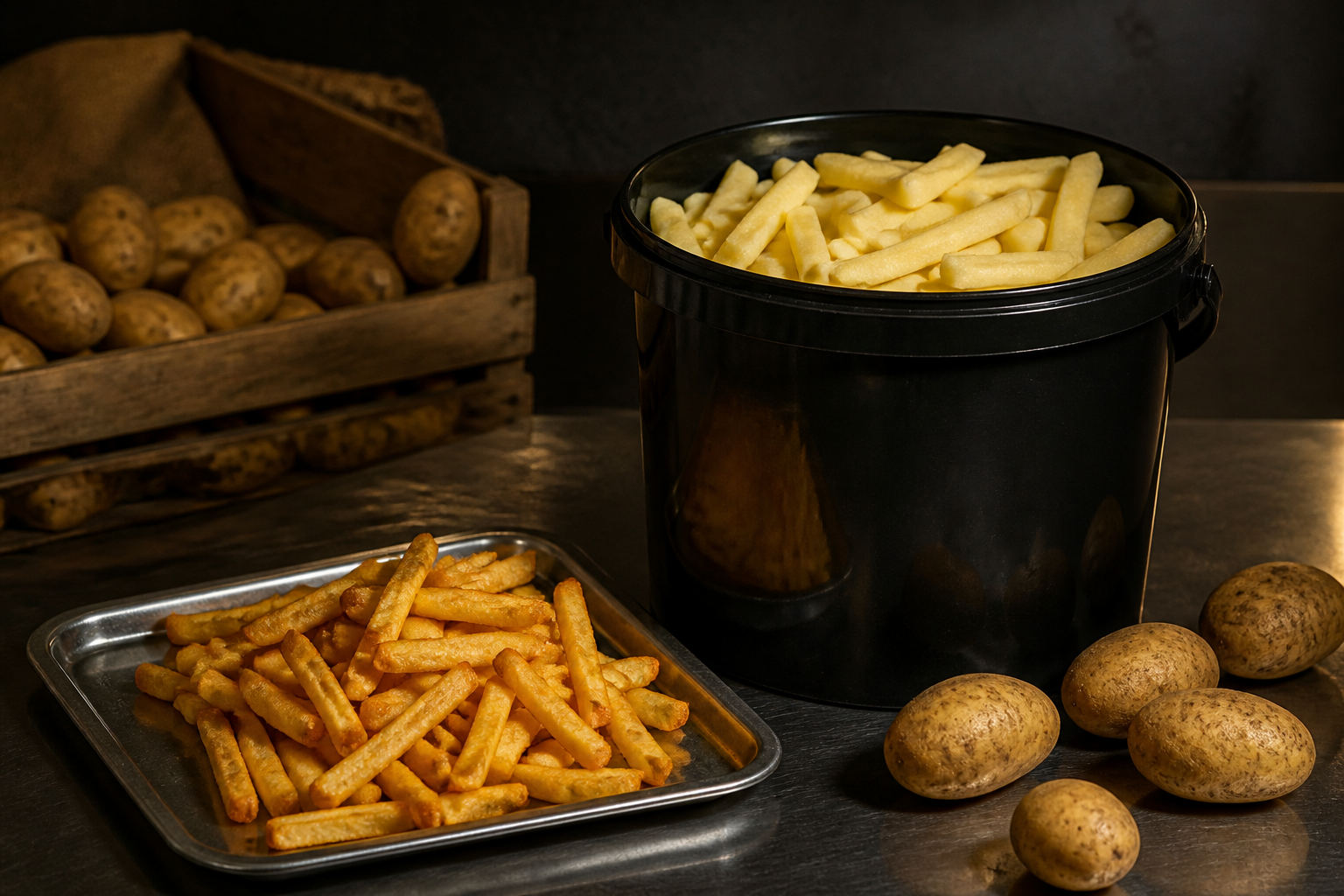 Frisk skårne kartofler og færdige pommes i professionelt køkken