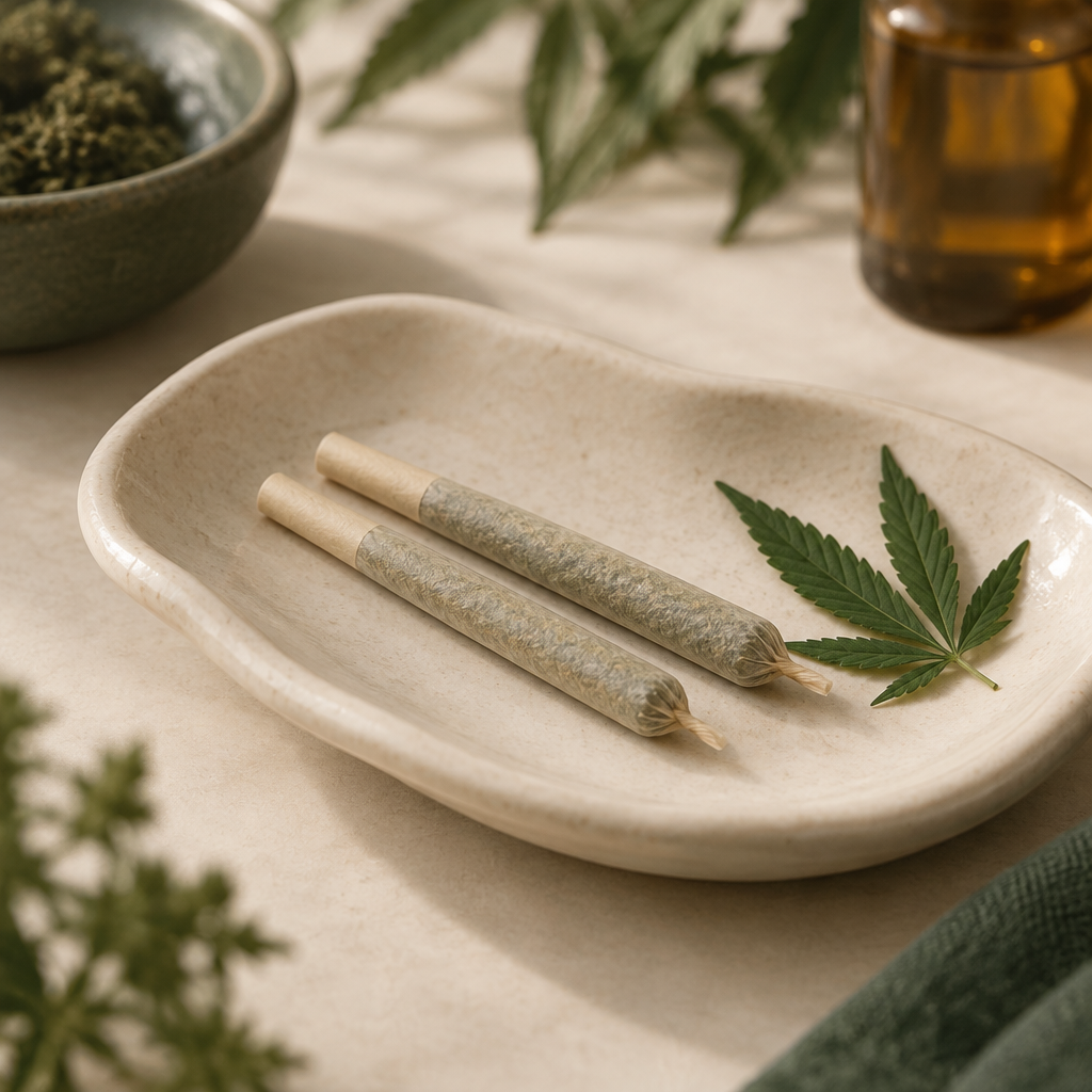 Færdigrullede CBD-joints på lys baggrund