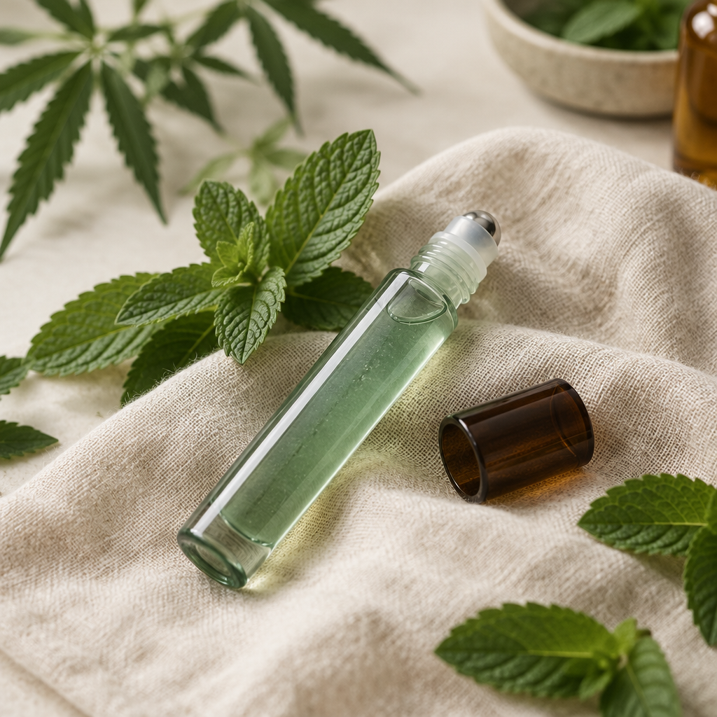 CBD roll-on til nakke og skuldre på lys baggrund