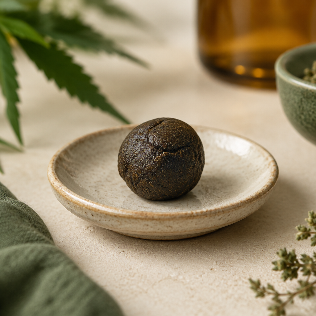 CBD-hash ‘Temple ball’ på lys baggrund