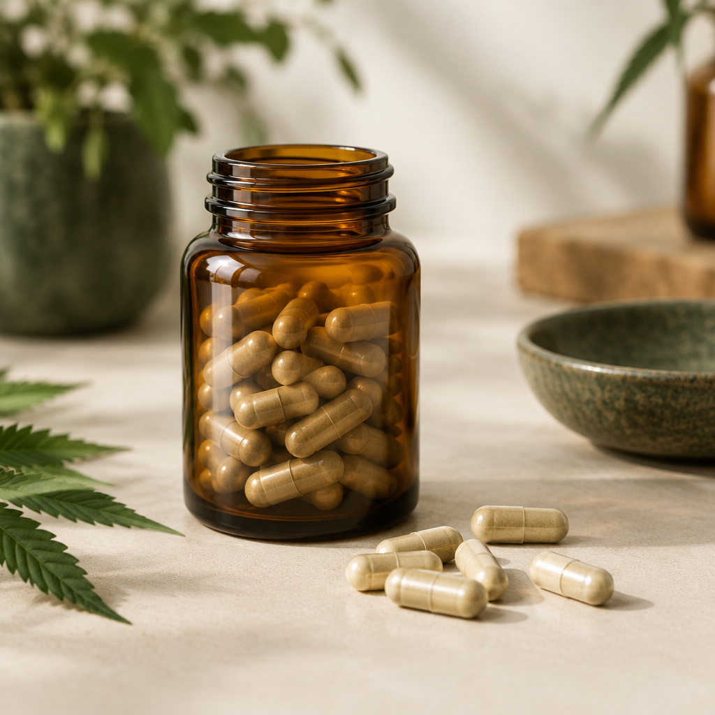 CBD-kapsler 10 mg på lys baggrund