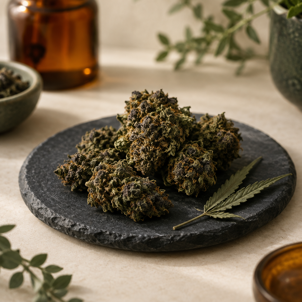 CBD-blomst ‘Midnat’ på lys baggrund