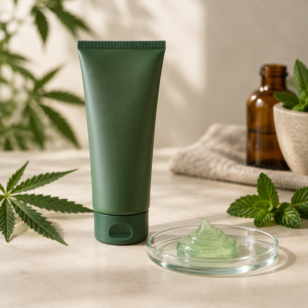 CBD-gel til ømme leder på lys baggrund