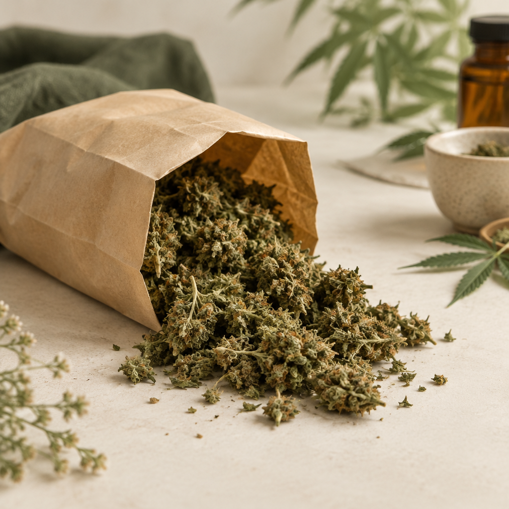 CBD-blomst i bulk 100 g på lys baggrund