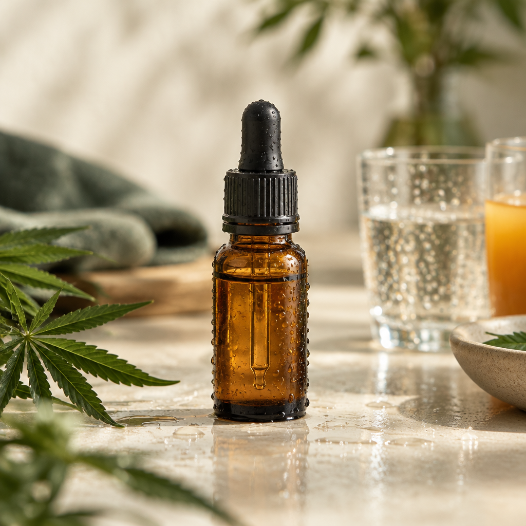 CBD-olie, vandopløselig på lys baggrund