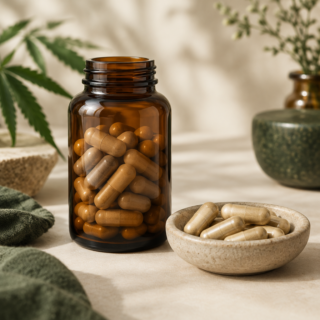 CBD-kapsler 25 mg på lys baggrund