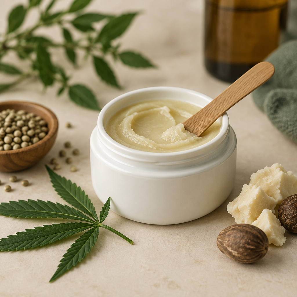 CBD-salve, hamp og shea på lys baggrund