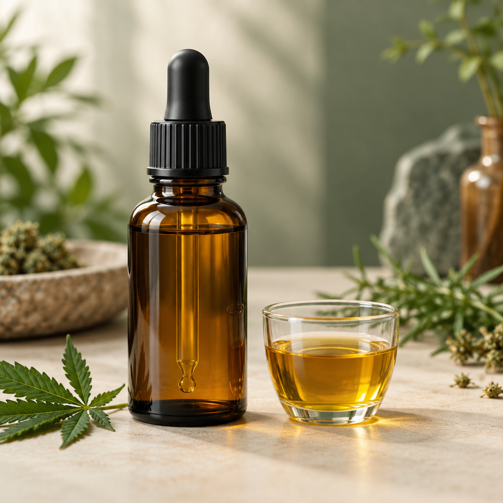 Bio CBD-olie XL med terpener på lys baggrund