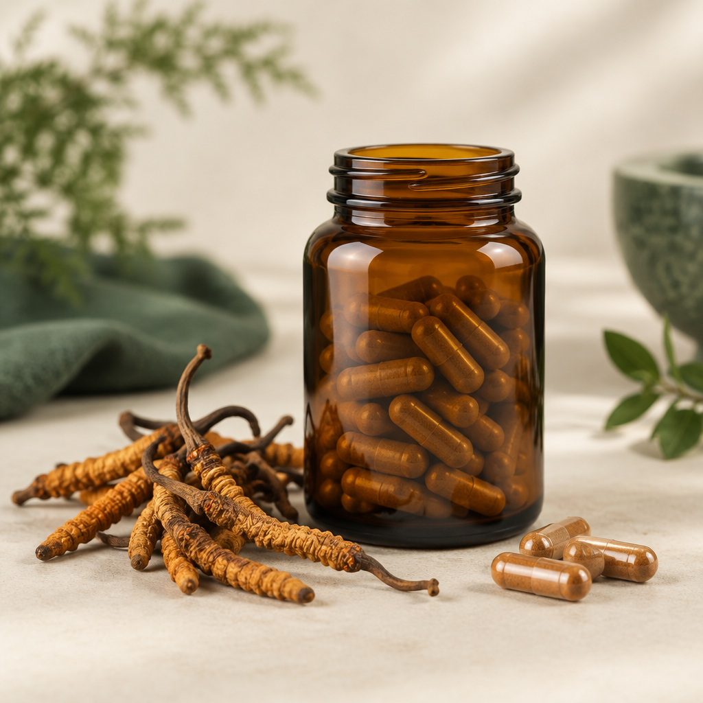 Cordyceps-kapsler på lys baggrund