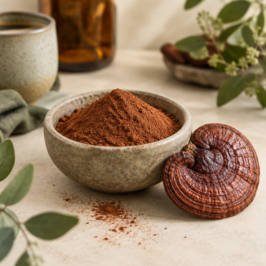 Reishi-pulver, økologisk på lys baggrund