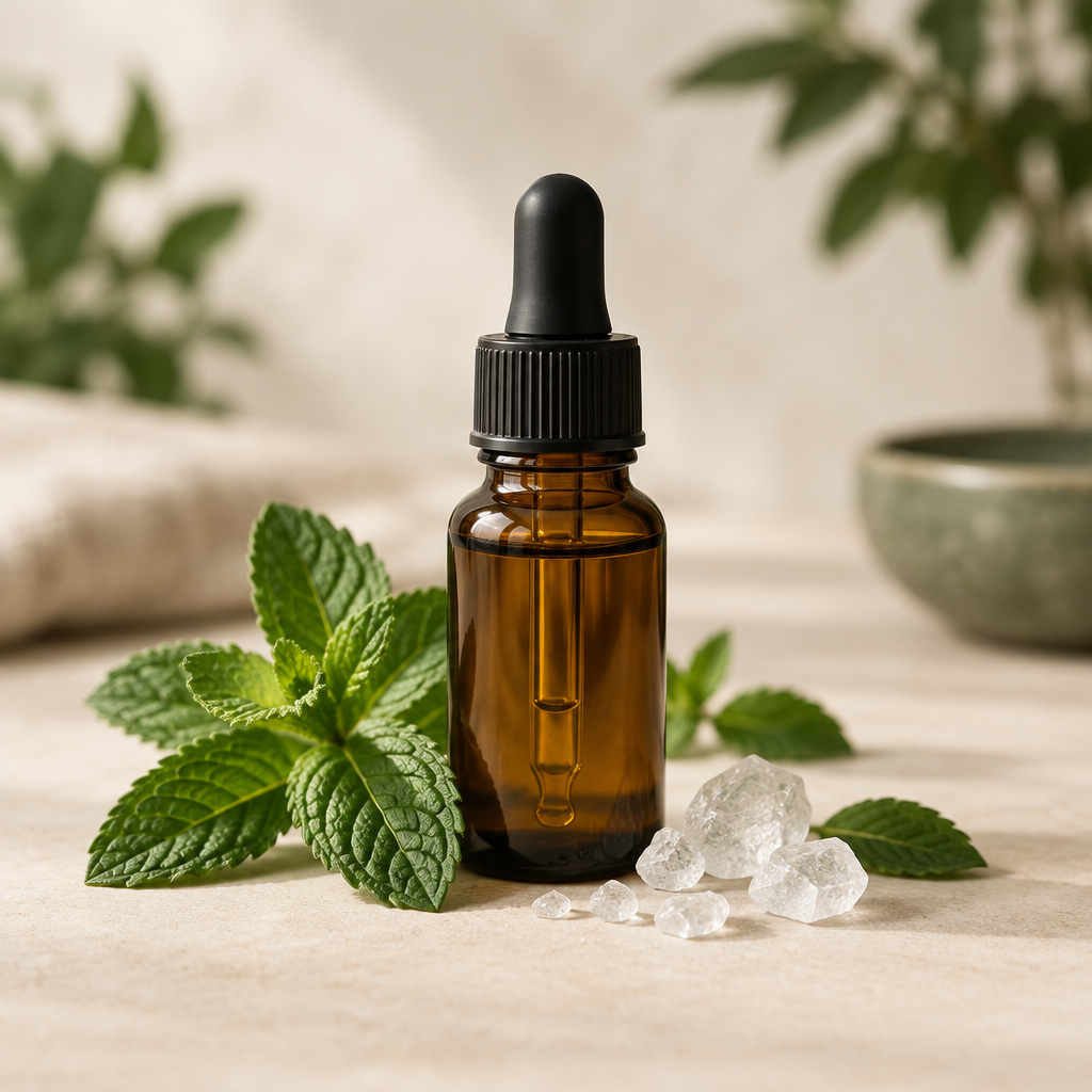 CBD-olie 10 % med mint på lys baggrund