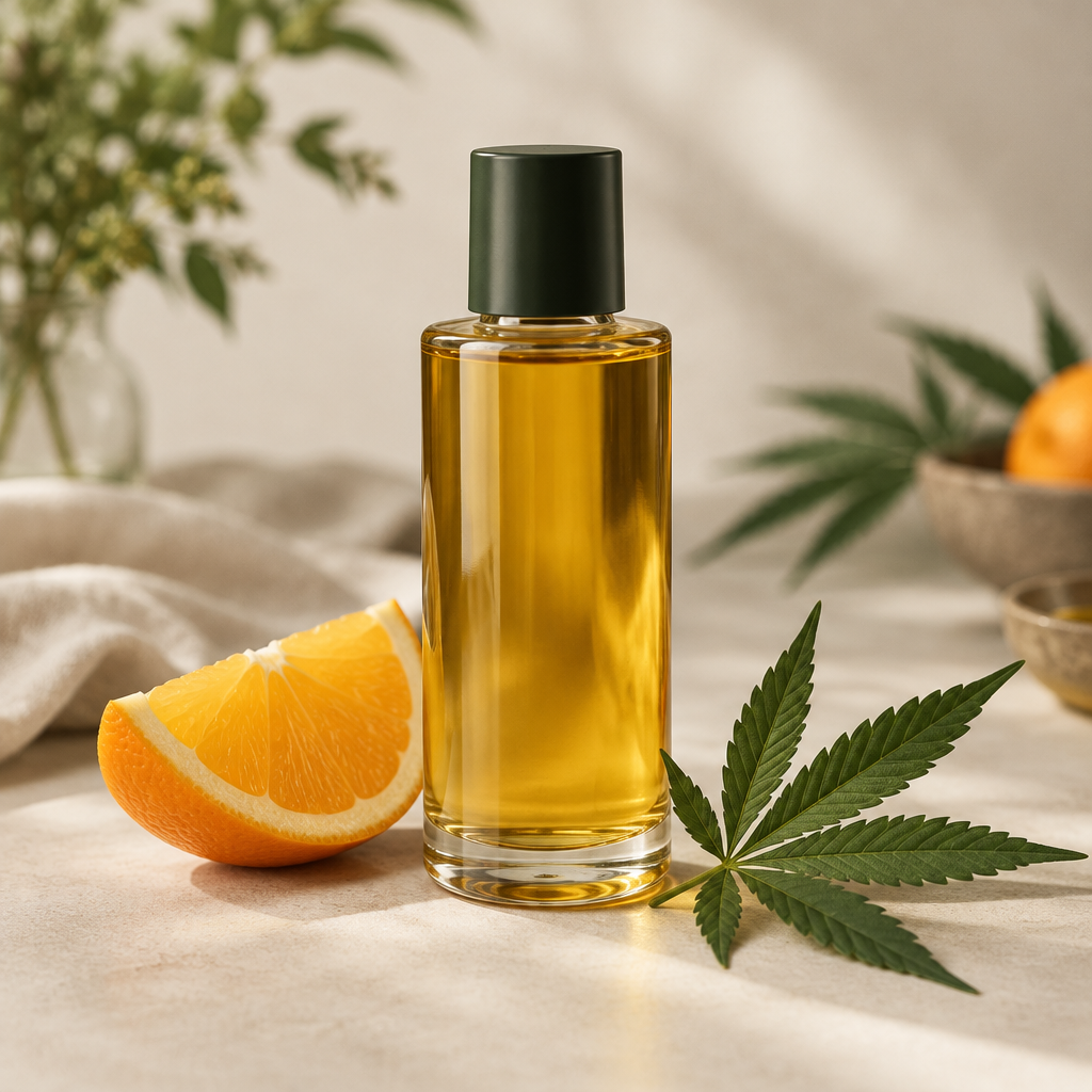 CBD-kropsolie med appelsin på lys baggrund