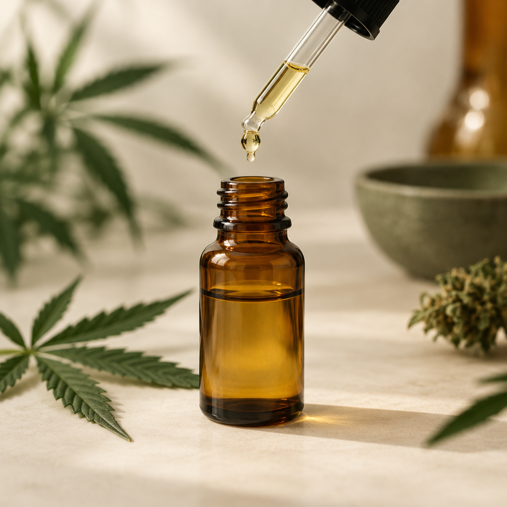 CBD-olie 5 % på lys baggrund
