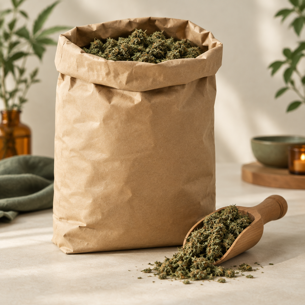 CBD-blomst i bulk 500 g på lys baggrund