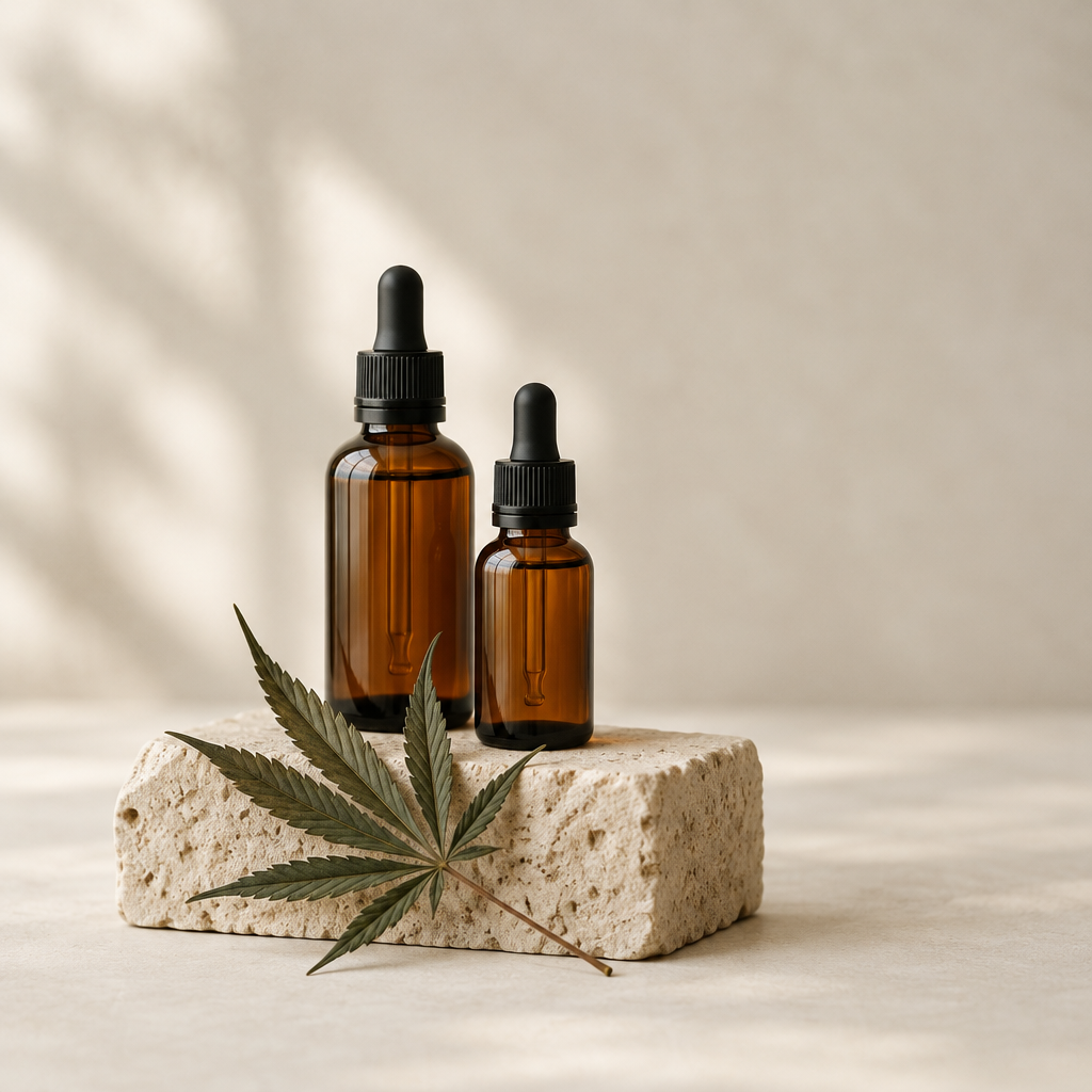 CBG og CBD-dråber på lys baggrund