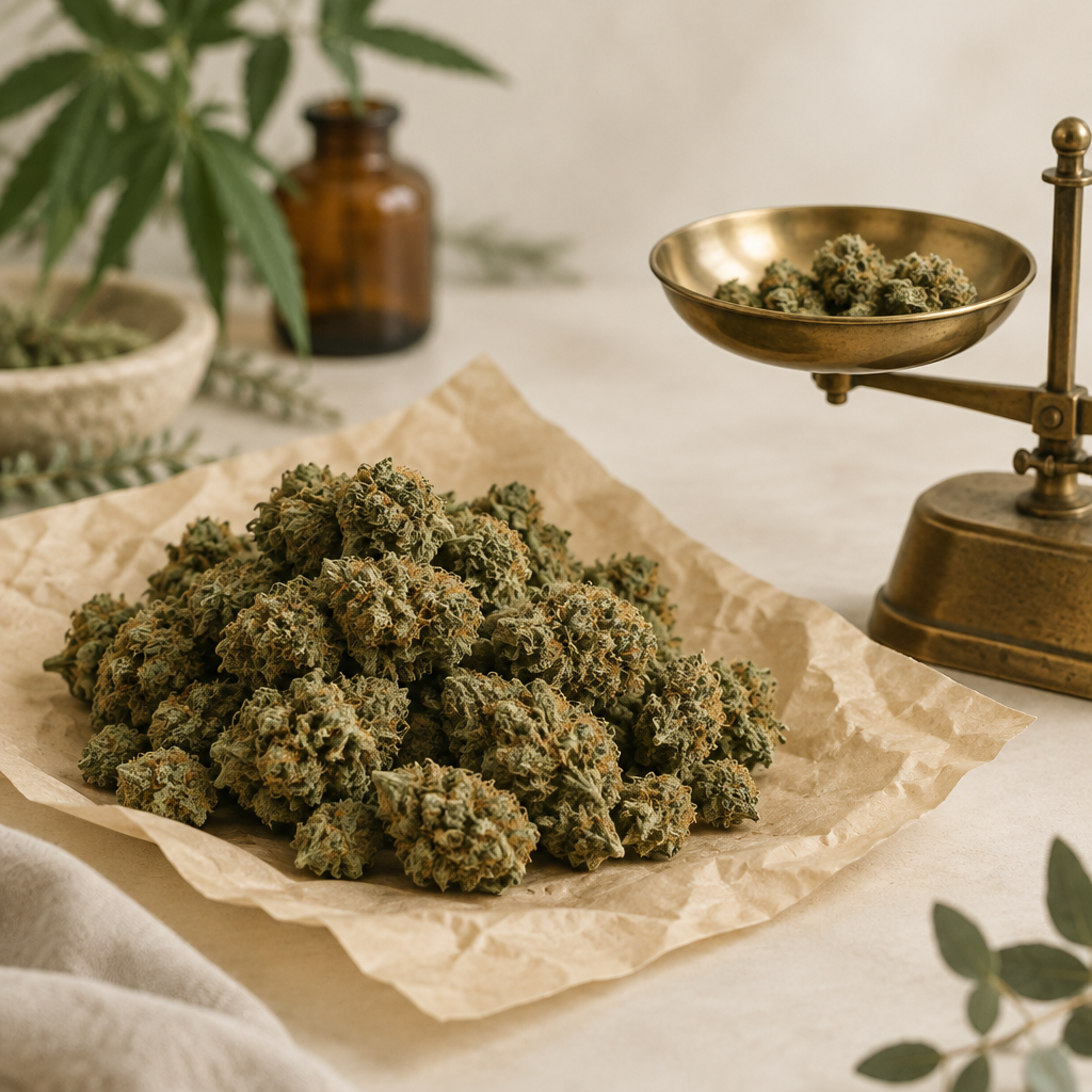 CBD-blomst ‘Høst’ 10 g på lys baggrund