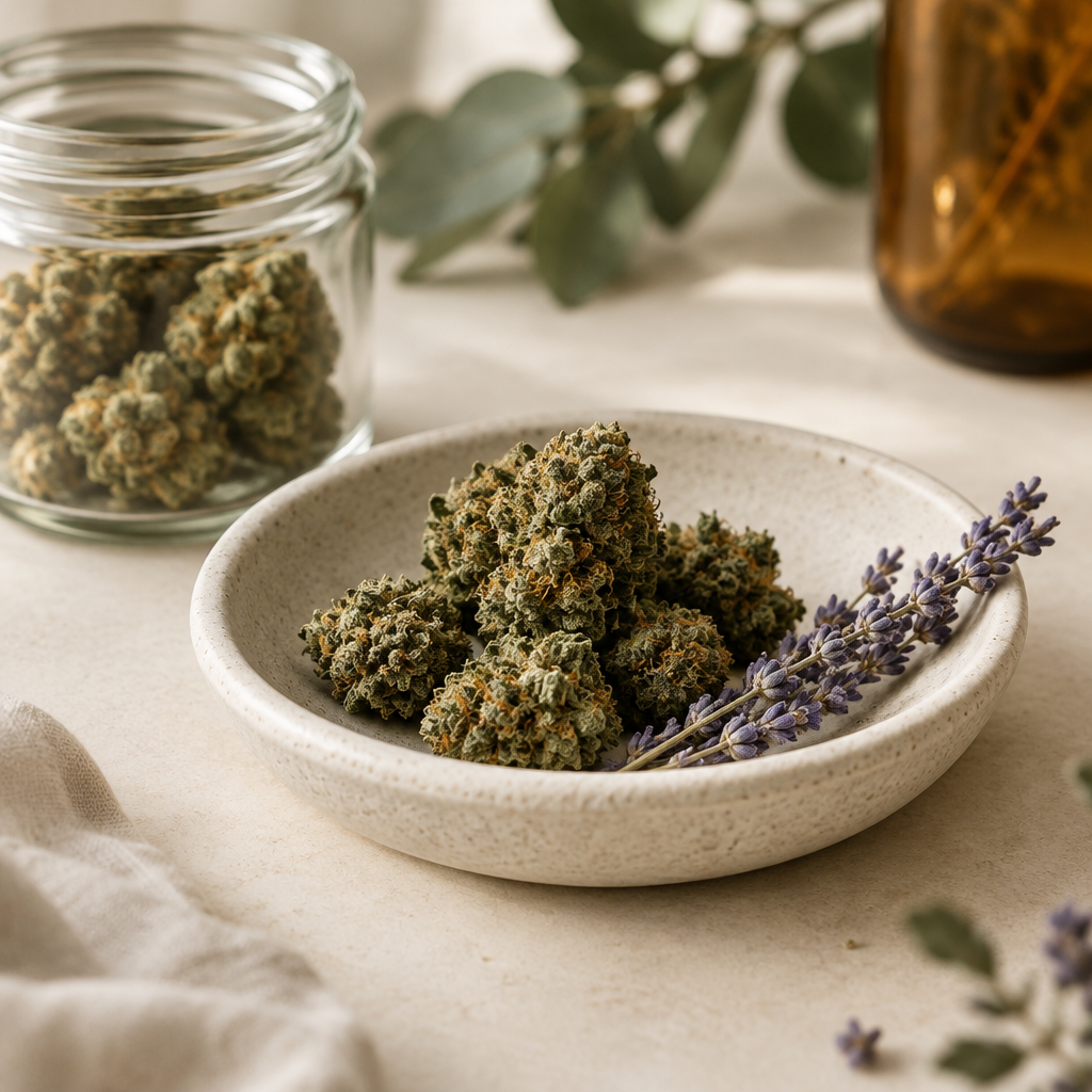 CBD-blomst ‘Lavendel’ på lys baggrund