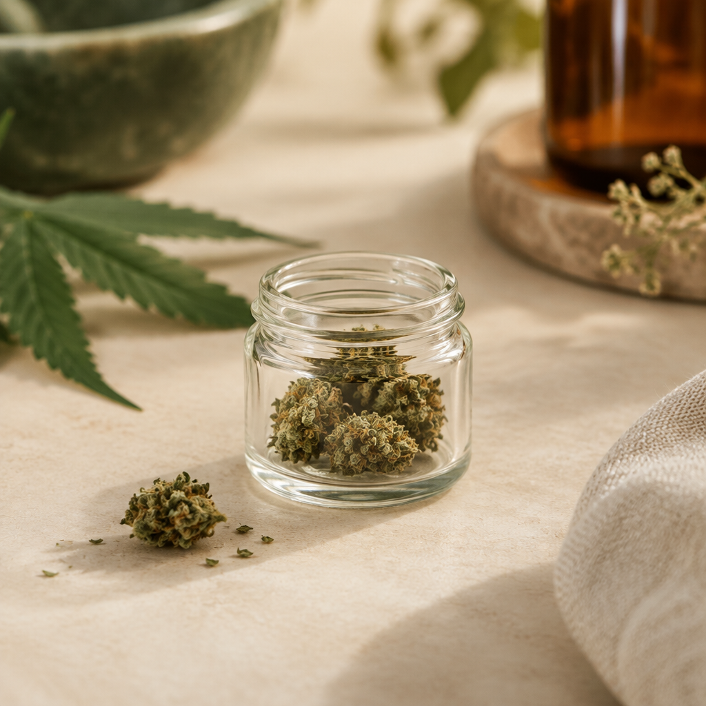 CBD-blomst ‘Prøve’ 2 g på lys baggrund