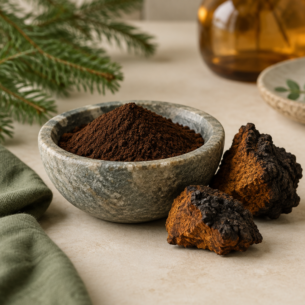 Chaga-pulver på lys baggrund