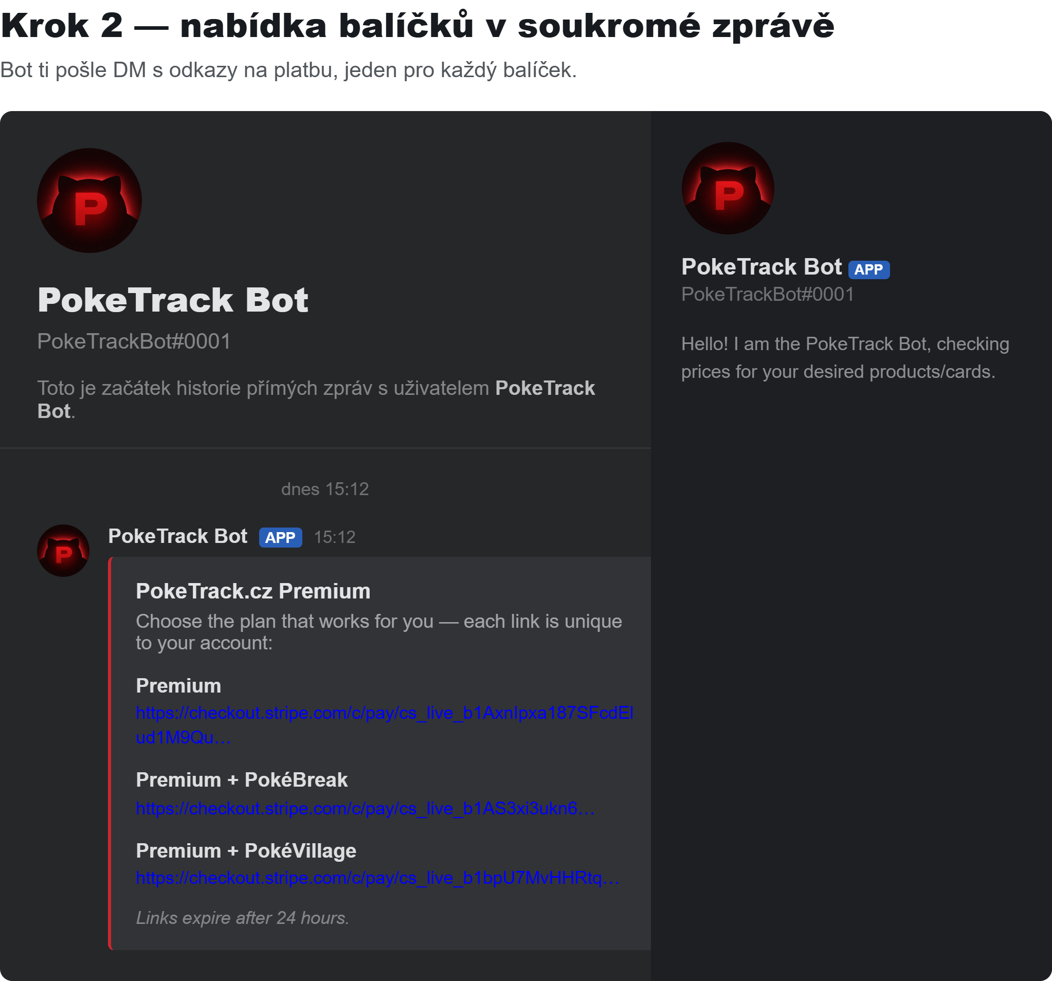 Krok 2: bot pošle DM s platebními odkazy