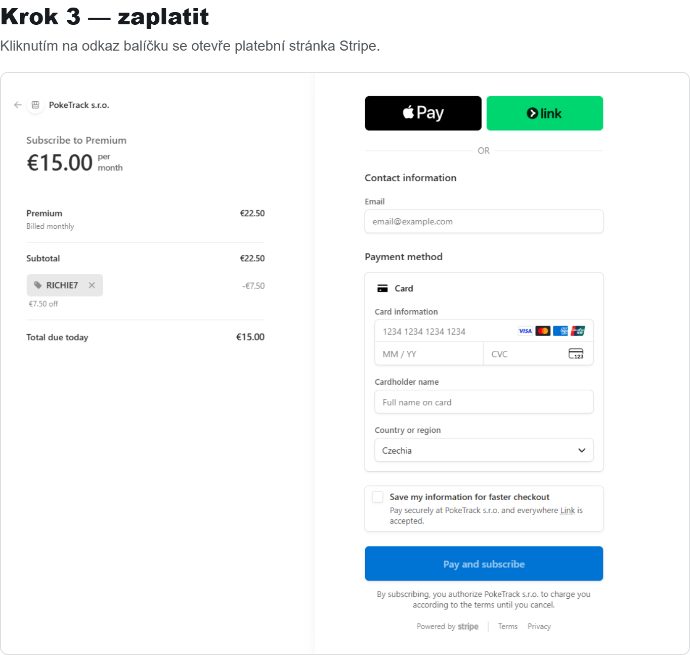 Krok 3: Stripe platební stránka