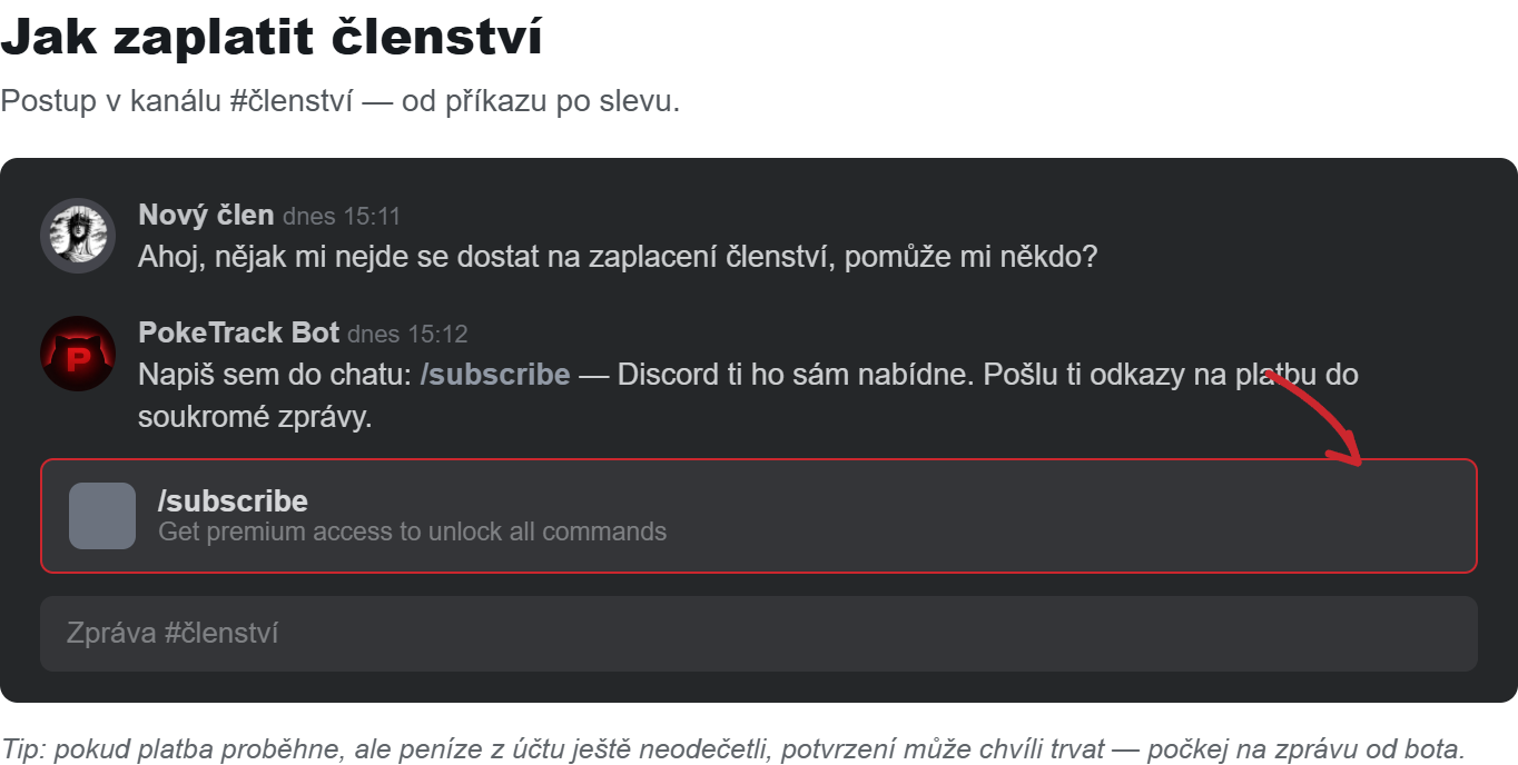 Krok 1: příkaz /subscribe v Discord kanálu #členství