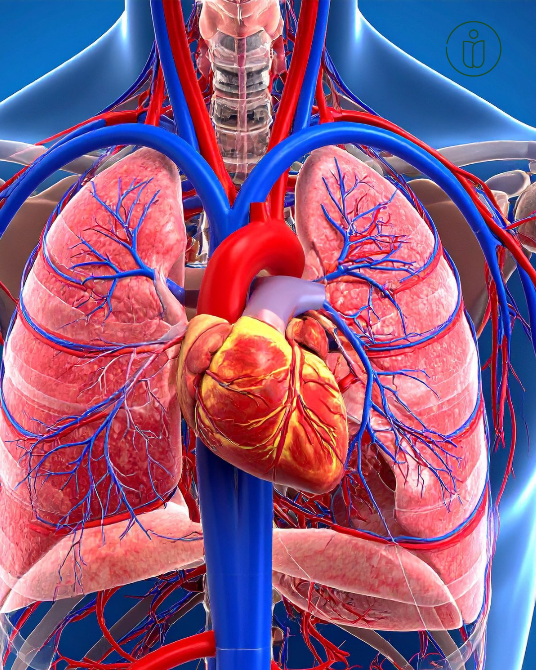 Anatomical 3D visualisation of the human chest with the heart, lungs and blood vessels