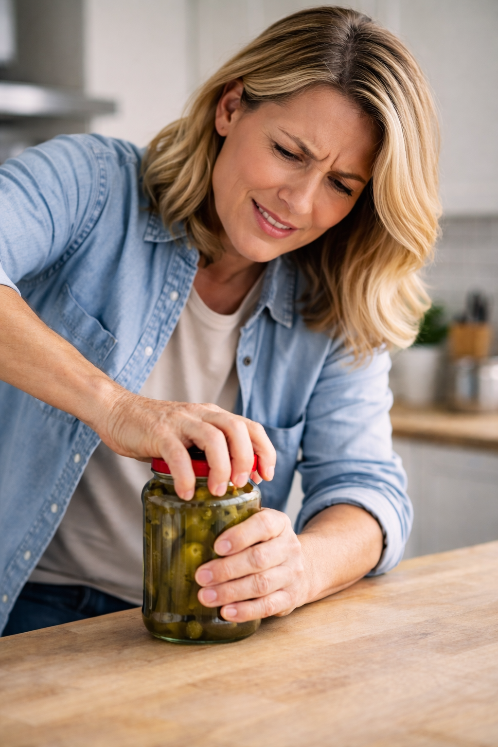 A woman in a kitchen straining to open a jar of pickles, a weakened hand grip