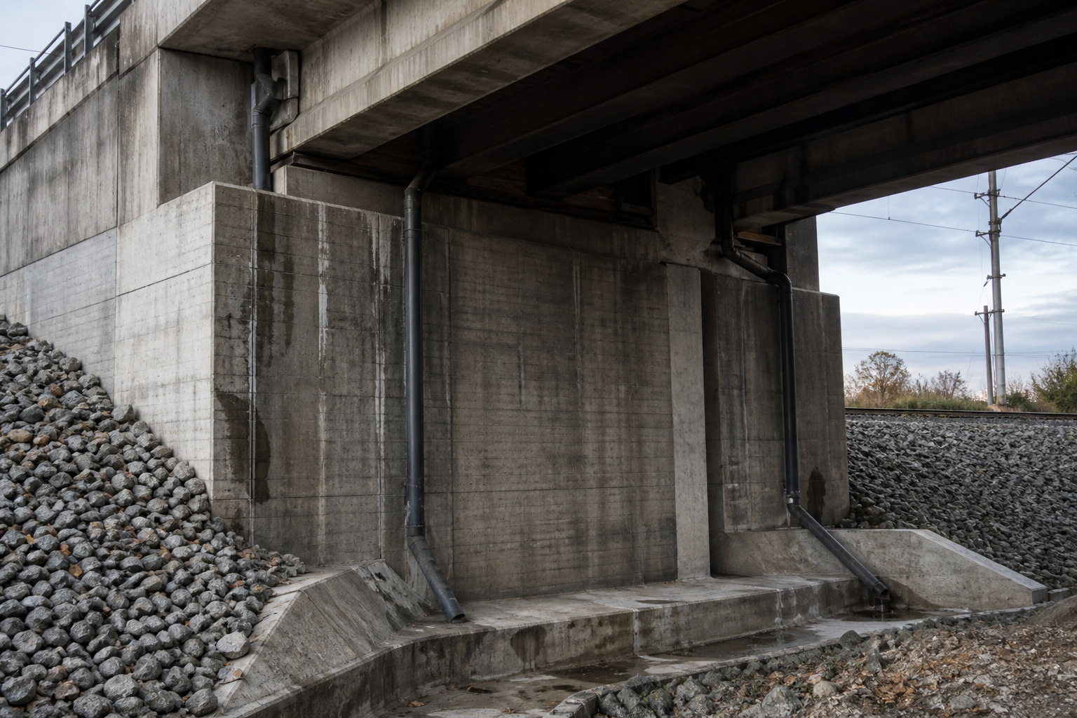 Betonový železniční most s odvodňovacími trubkami a štěrkovým náspem