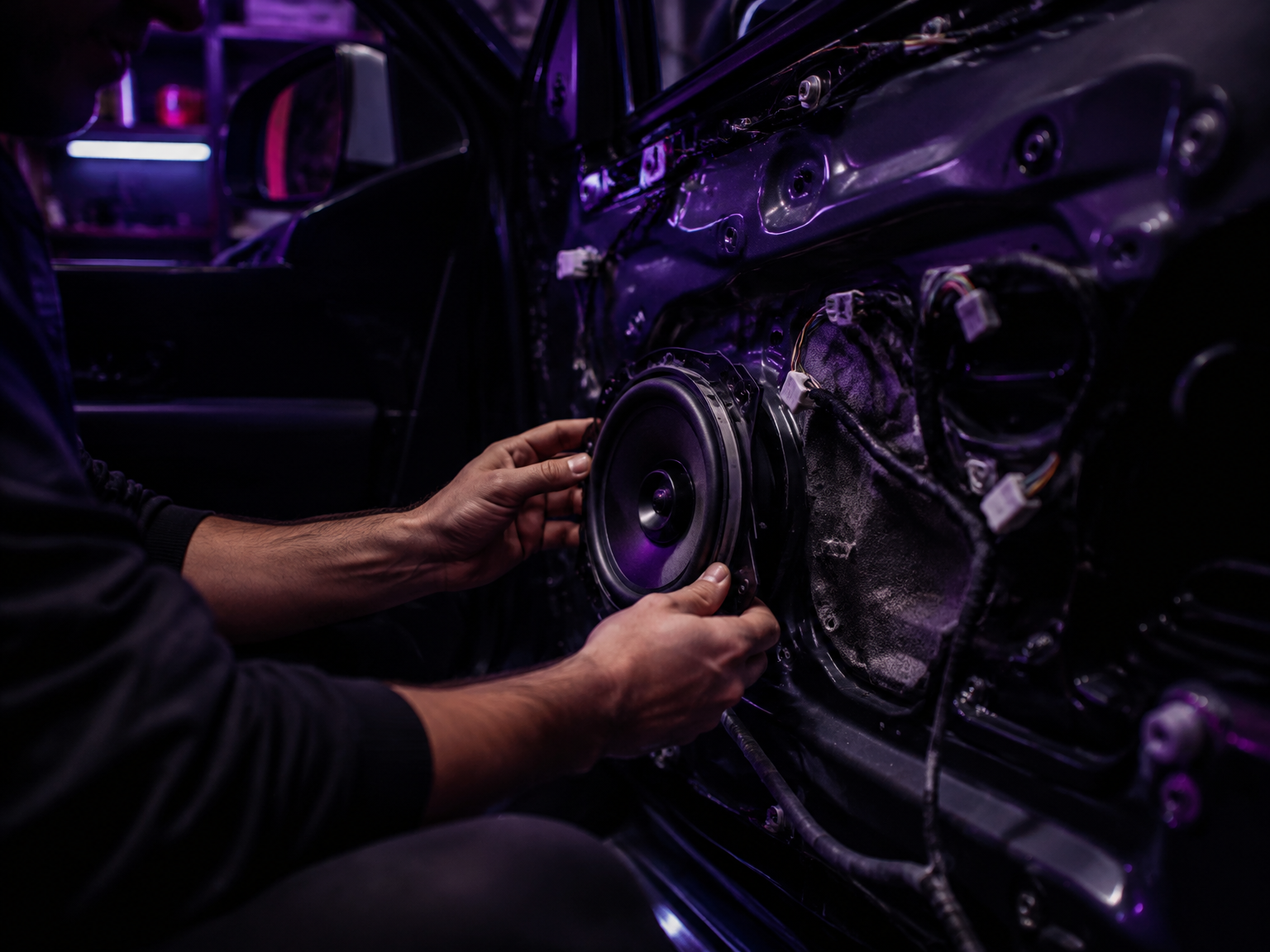 Tecnico che installa un diffusore nello sportello di un’auto in officina