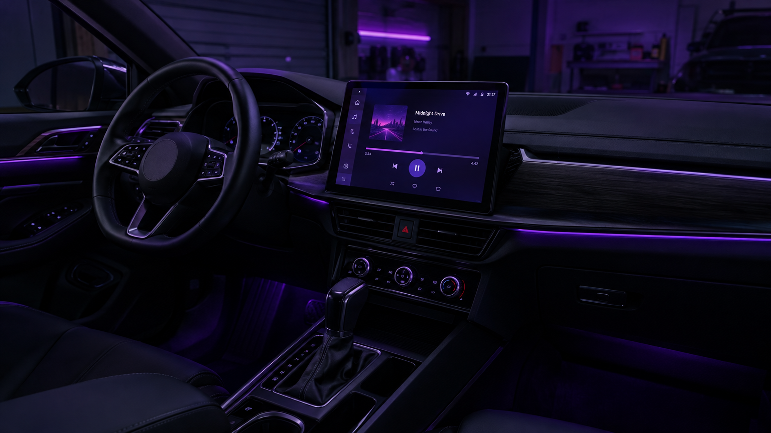 Car tablet Android montato sul cruscotto di un’auto, con illuminazione viola