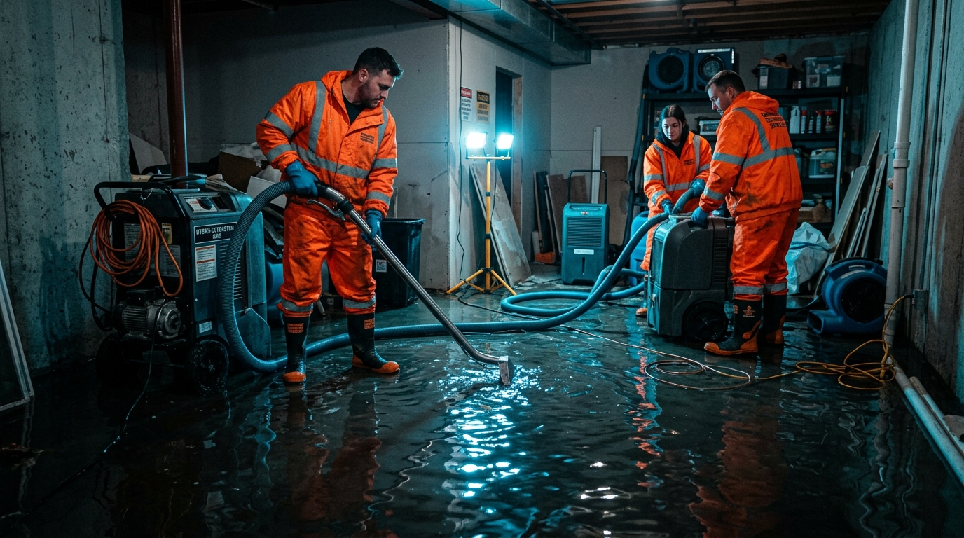 Emergency water damage restoration Canada — professional team extracting flood water from residential property