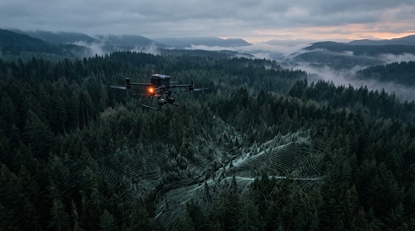 Survey drone over an evergreen forest with LiDAR terrain lines.