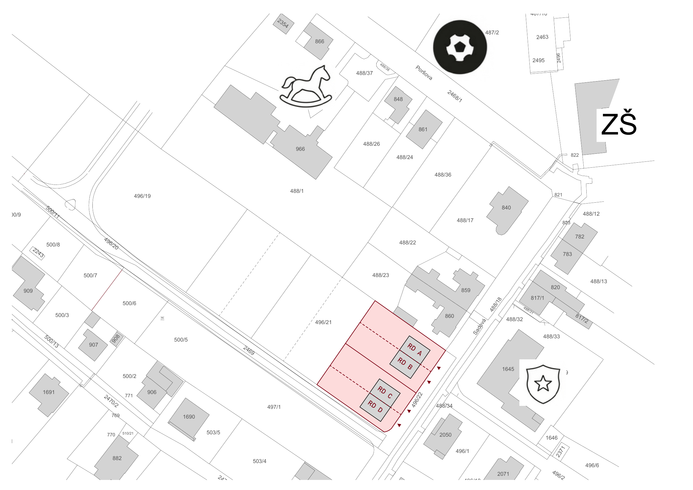 Situace 2 – katastrální mapa lokality Sadová ve Skutči