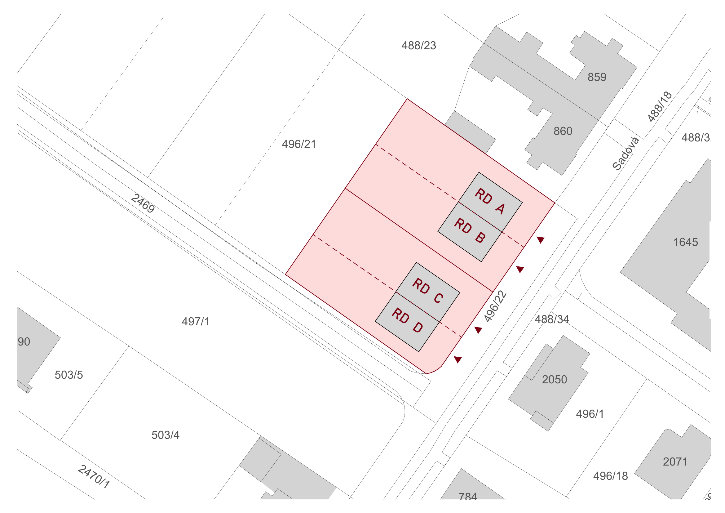 Situace 1 – katastrální mapa lokality Sadová ve Skutči