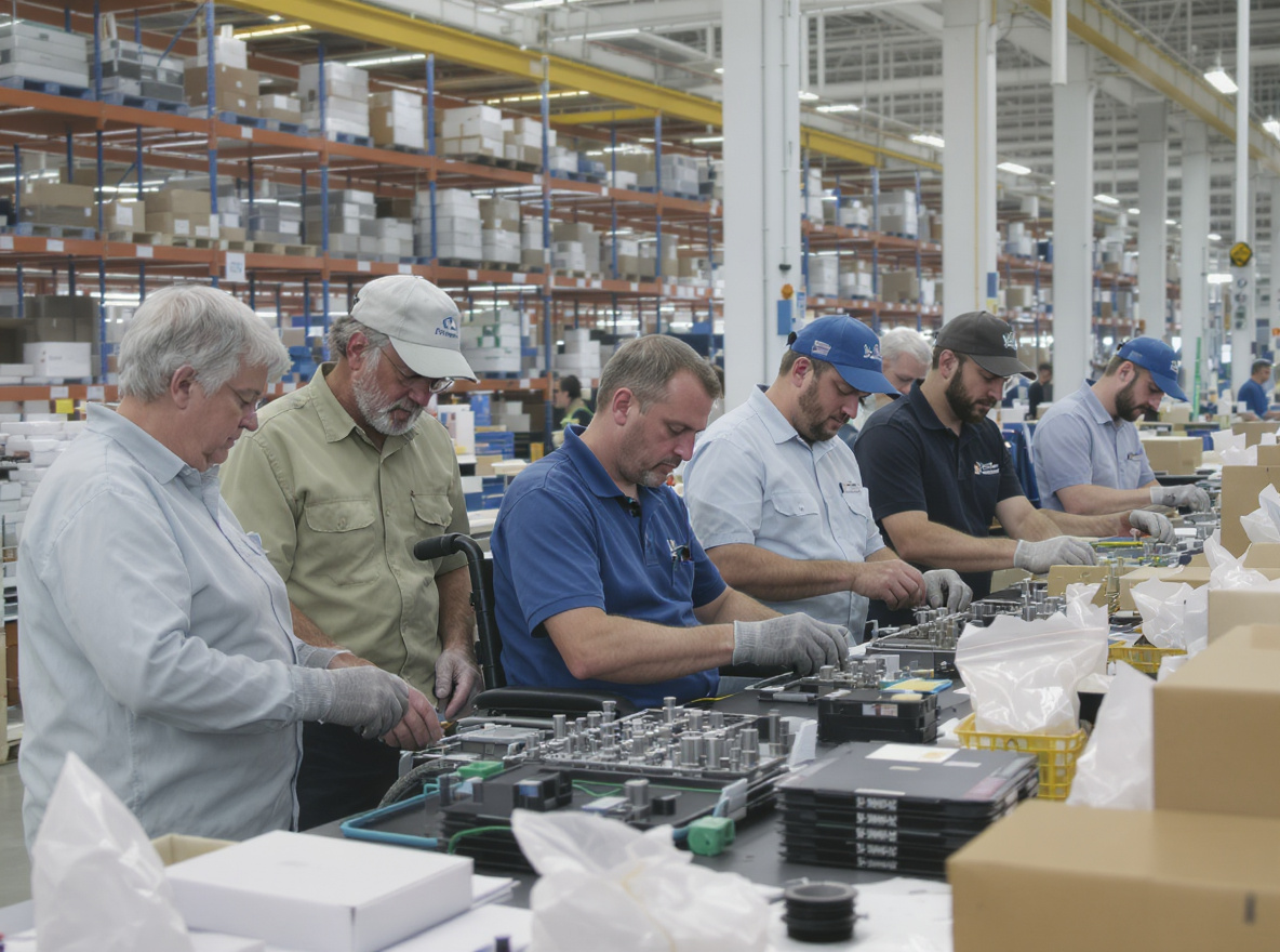 Tým pracovníků při kompletaci a balení ve výrobním prostředí