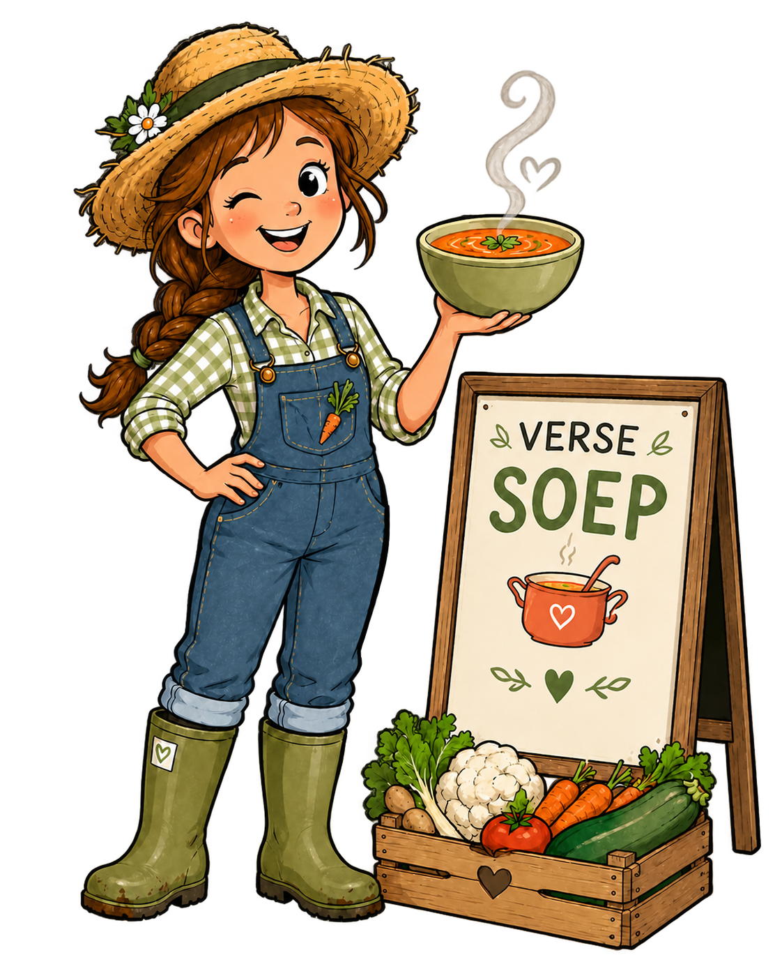 Vitamientje, het mascotte-meisje van Puur & Vers, met een dampende kom soep
