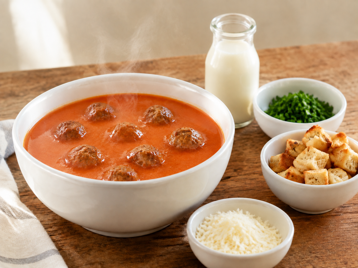 Witte kom dampende tomatensoep met bakjes geraspte kaas, peterselie, room en croutons