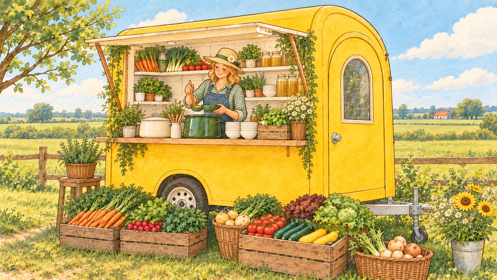 Onze warme houten stalletje-truck met verse soep en groenten