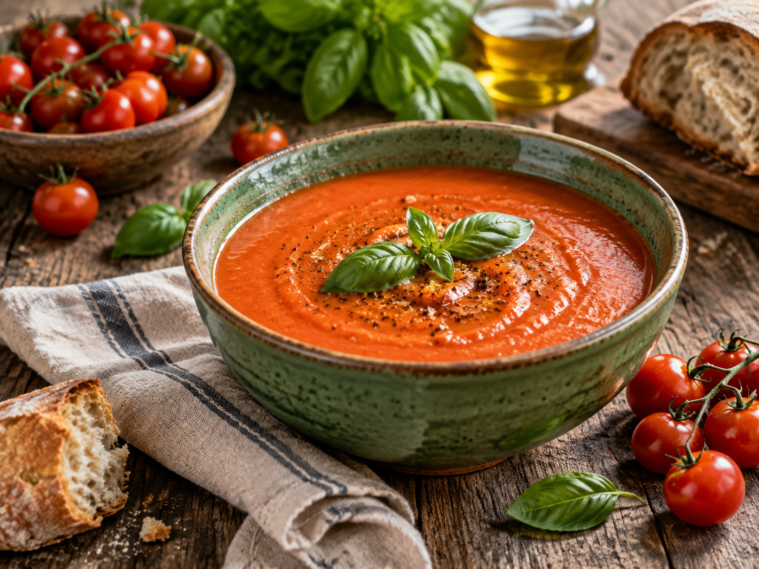 Kom verse tomatensoep met basilicum