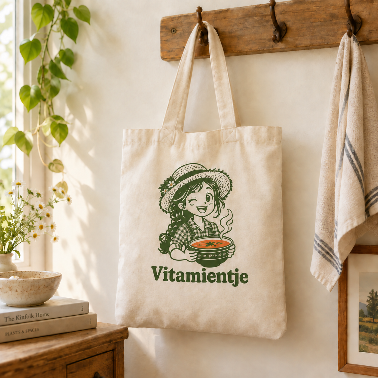 Natuurlijk katoenen Vitamini tasje met Vitamientje in strohoed